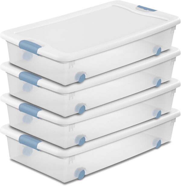 56 Qt Wheeled Latching Storage Box, Stackable Bin with Latch Lid, Plastic Container to Organize Shoes Underbed, Clear with White Lid, 4-Pack