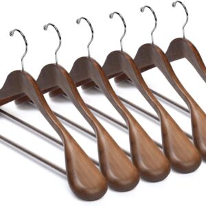 Luxury Wooden Suit Hangers 6 Pack Wood Coat Hangers Jacket Outerwear Shirt Hangers,with Extra-Wide Shoulder, 360 Degree Swivel Hooks & Anti-Slip Bar with Screw(Retro Color)