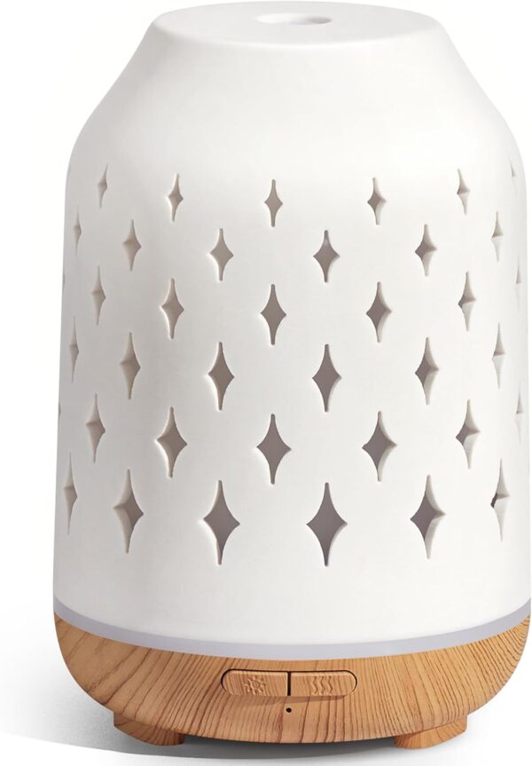 Aromatherapy Diffuser, 150ml Ceramic Diffuser Ultrasonic Humidifier Cool Mist Essential Oil Diffusers for Home Air Diffuser with 2 Mist Modes Waterless Auto Off, White