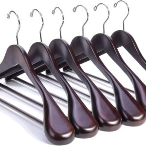 Luxury Mahogany Wooden Suit Hangers - 6 Pack - Wood Coat Hangers,Jacket Outerwear Shirt Hangers,Glossy Finish with Extra-Wide Shoulder, 360 Degree Swivel Hooks & Anti-Slip Bar with Screw