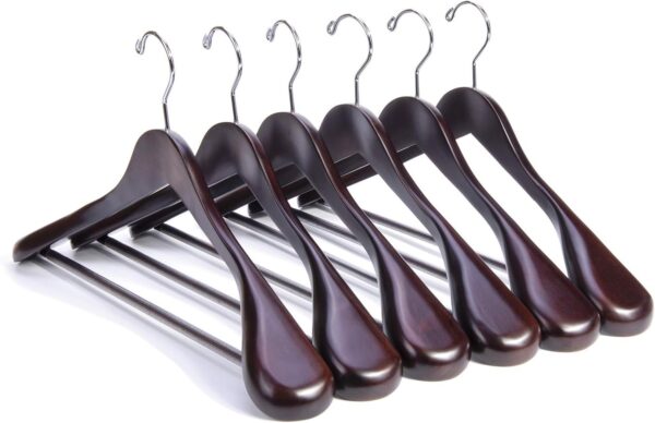 Luxury Mahogany Wooden Suit Hangers - 6 Pack - Wood Coat Hangers,Jacket Outerwear Shirt Hangers,Glossy Finish with Extra-Wide Shoulder, 360 Degree Swivel Hooks & Anti-Slip Bar with Screw