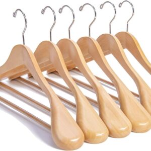 Luxury Natural Wooden Suit Hangers - 6 Pack - Wood Coat Hangers,Jacket Outerwear Shirt Hangers,Glossy Finish with Extra-Wide Shoulder, 360 Degree Swivel Hooks & Anti-Slip Bar with Screw
