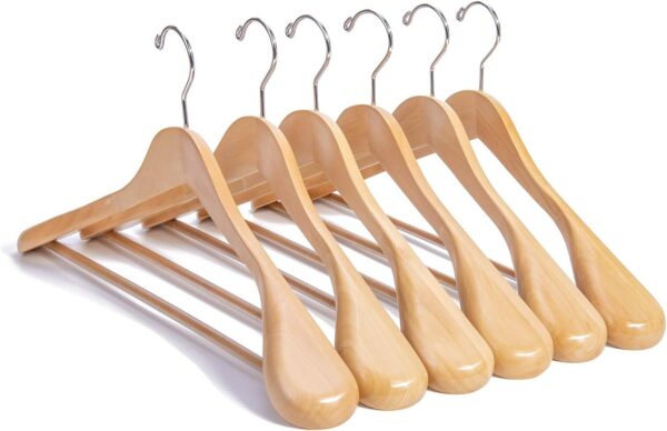 Luxury Natural Wooden Suit Hangers - 6 Pack - Wood Coat Hangers,Jacket Outerwear Shirt Hangers,Glossy Finish with Extra-Wide Shoulder, 360 Degree Swivel Hooks & Anti-Slip Bar with Screw