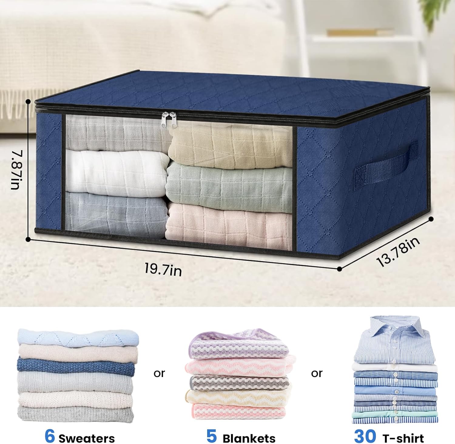 3-Pack Clothes Organizer Storage Bags Foldable Storage Box with Large Clear Window Sturdy Handles for Closet, Dorm, Pillows, Bedding, Clothes, Blankets, 35L, Blue - Image 2