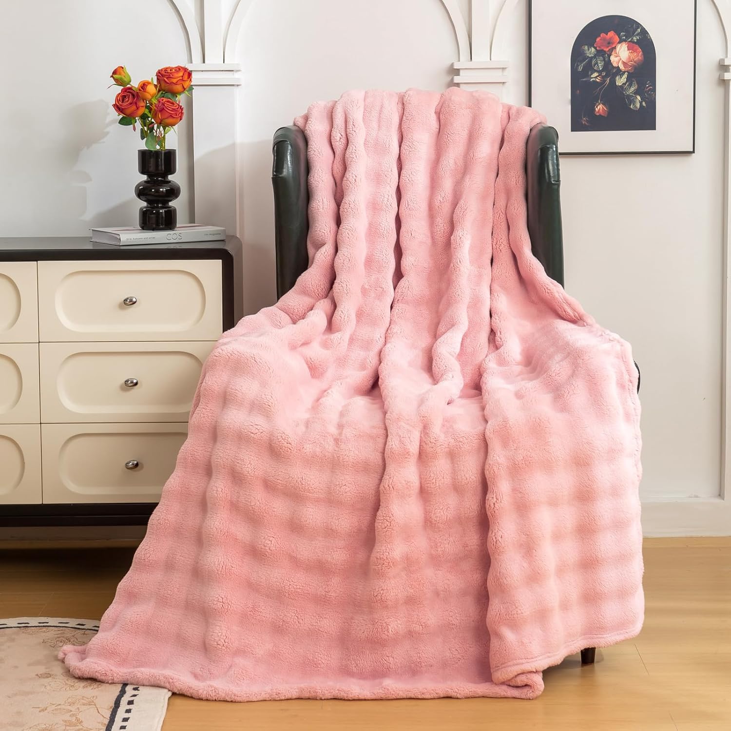Faux Fur Throw Blanket with 3D Bubbles Super Soft Fuzzy Cozy Thick Blanket for Couch Chair Sofa Gift Home Décor(Light Pink,50 * 60inches) - Image 2