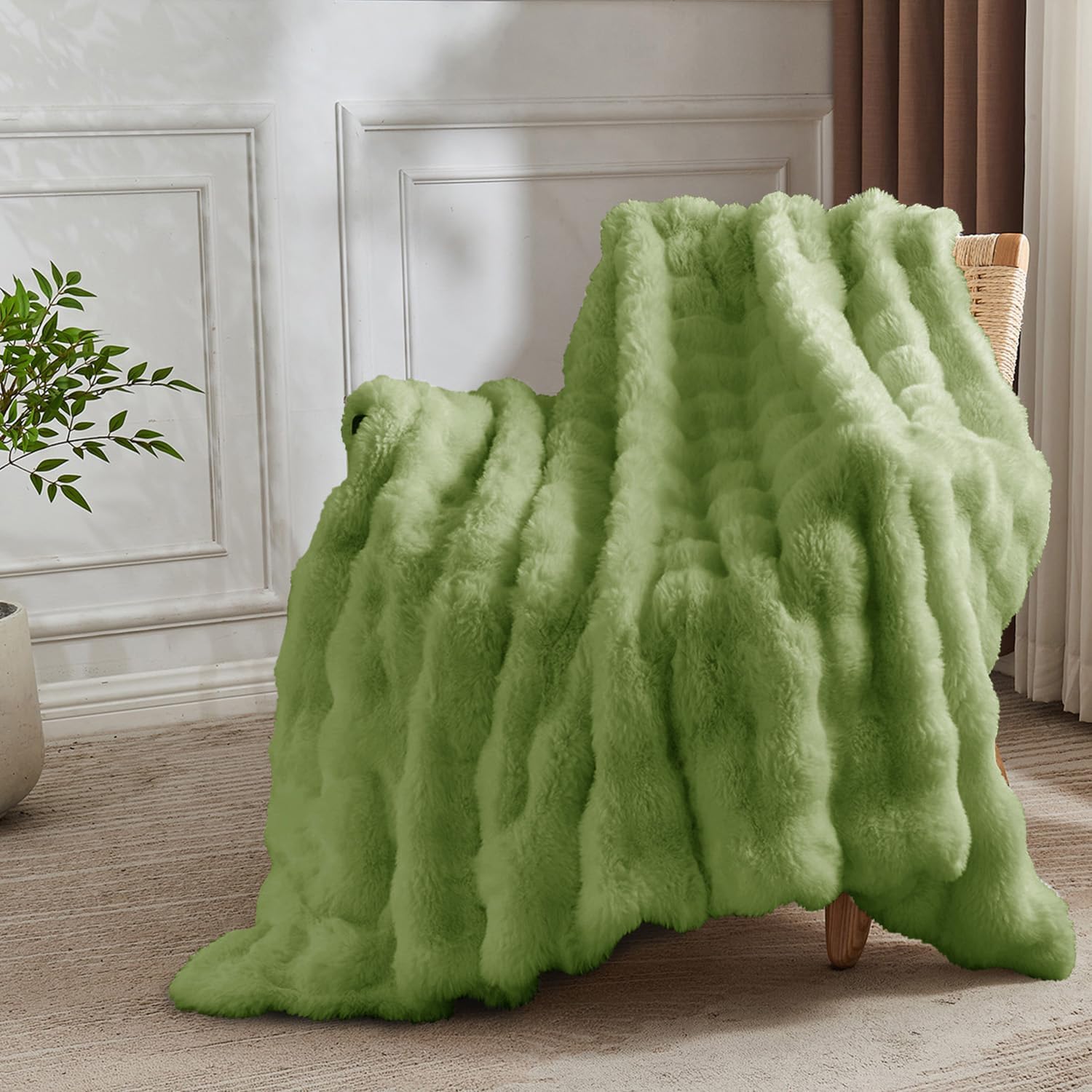 Faux Fur Throw Blanket Sage Green - Big Bubble Rabbit Fluff Blanket for Couch Bed Sofa,Softest Fluffy Fuzzy Cozy Blanket,Thick Furry Plush Shaggy Warm Blankets for Women,50x60 Inches - Image 2