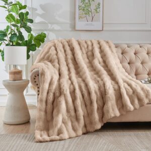 Faux Fur Throw Blanket Khaki - Big Bubble Rabbit Fluff Blanket for Couch Bed Sofa,Softest Fluffy Fuzzy Cozy Blanket,Thick Furry Plush Warm Blankets for Women,50x60 Inches