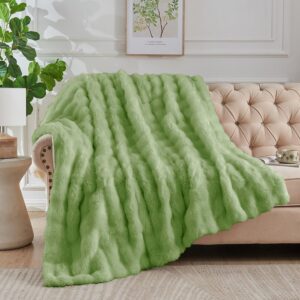Faux Fur Throw Blanket Sage Green - Big Bubble Rabbit Fluff Blanket for Couch Bed Sofa,Softest Fluffy Fuzzy Cozy Blanket,Thick Furry Plush Shaggy Warm Blankets for Women,50x60 Inches