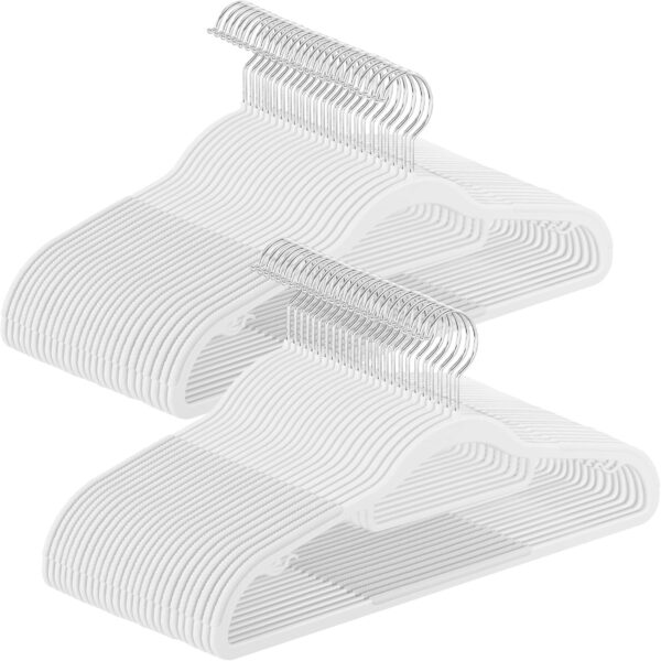 Pack of 50 Coat Hangers, Space-Saving Plastic Clothes Hangers, Non-Slip, 0.2 Inches Slim, 16.5 Inches Wide, 360° Swivel Silver Hook, White