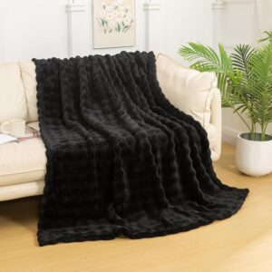 Faux Fur Throw Blanket with 3D Bubbles Super Soft Fuzzy Cozy Thick Blanket for Couch Chair Sofa Gift Home Décor(Black,50 * 60inches)