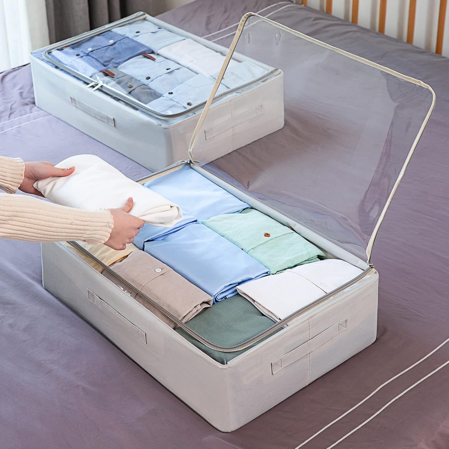 Under Bed Storage Bins Frame Storage Box Oxford Fabric Sturdy Underbed Container Foldable Stackable Large Capacity Clothes Organizer - Image 2