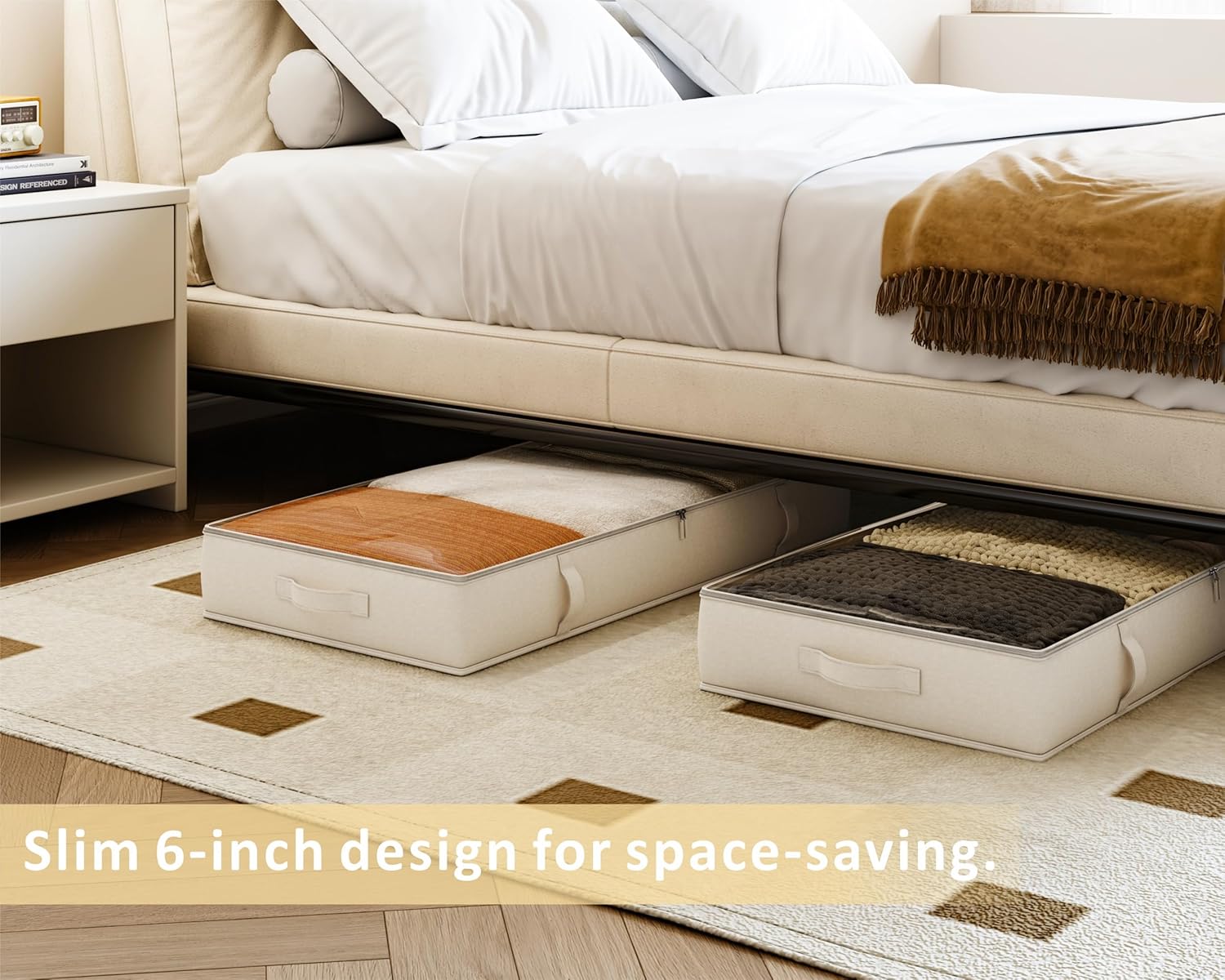 Under Bed Storage Containers, Underbed Storage Bins with 6 Inches Tall, Clothes Storage Box with Sturdy Handles and Sidewalls, Beige, 2-Pack - Image 2