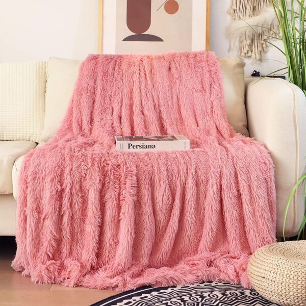 Decorative Extra Soft Faux Fur Throw Blanket 50"x60",Solid Reversible Fuzzy Double Layers Long Hair Shaggy Blanket,Fluffy Cozy Plush Fleece Comfy Microfiber Blanket for Couch Sofa Bed,Pink - Image 2