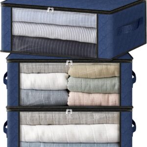 3-Pack Clothes Organizer Storage Bags Foldable Storage Box with Large Clear Window Sturdy Handles for Closet, Dorm, Pillows, Bedding, Clothes, Blankets, 35L, Blue