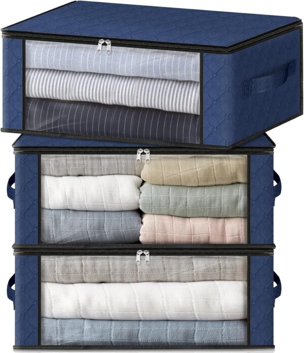 3-Pack Clothes Organizer Storage Bags Foldable Storage Box with Large Clear Window Sturdy Handles for Closet, Dorm, Pillows, Bedding, Clothes, Blankets, 35L, Blue