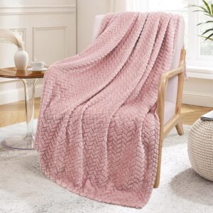 Pink Fleece Throw Blanket for Couch and Bed, 50x70 Inches Soft Cozy 3D Decorative Jacquard Flannel Blankets, Lightweight Fuzzy Plush Warm Throws for All Seasons