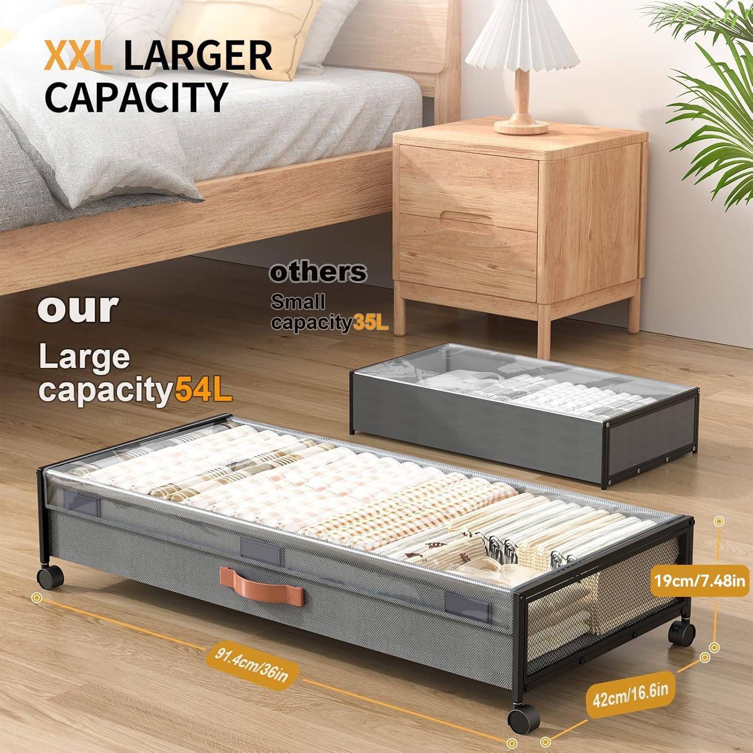 Under Bed Storage with Wheels, XXXL Larger Under Bed Storage Containers with Clear Lids, 36'' Lengthen Under Bed Shoe Organizer for Shoes Clothes(Grey 2 Pack, XXXL(36"x16.6"x7.48")) - Image 2
