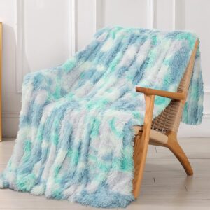 Decorative Extra Soft Faux Fur Throw Blanket,Solid Reversible Fuzzy Lightweight Long Hair Shaggy Blanket,Fluffy Cozy Plush Fleece Comfy Microfiber Fur Blanket for Couch Sofa Bed,Tie Dye Blue