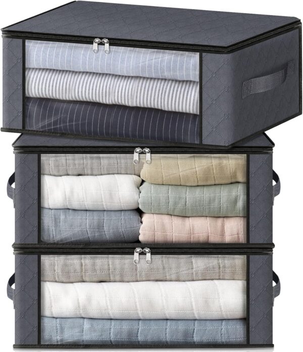 3-Pack Clothes Organizer Storage Bags Foldable Storage Box with Large Clear Window Sturdy Handles for Closet, Dorm, Pillows, Bedding, Clothes, Blankets, 35L, Gray
