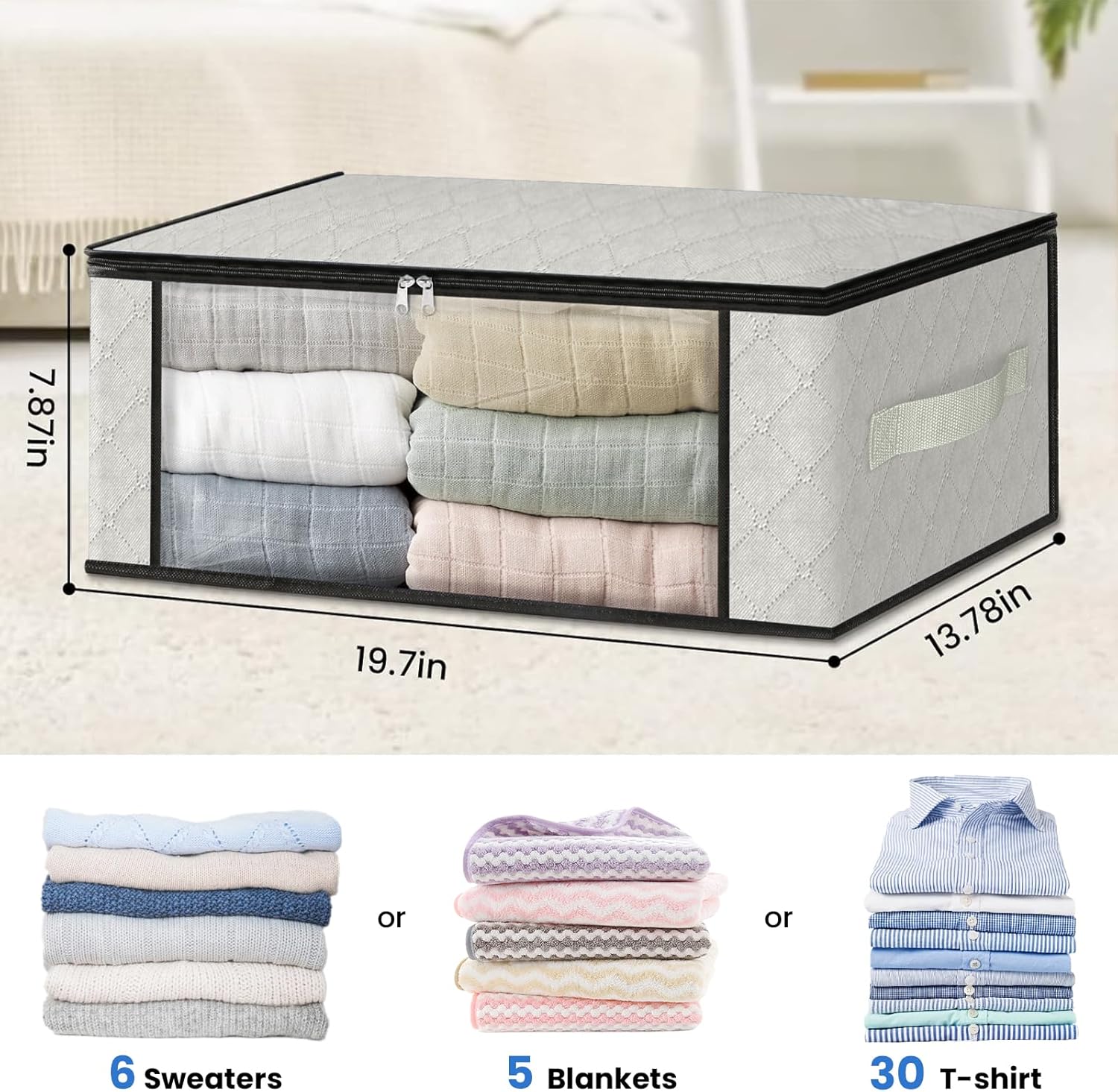 3-Pack Clothes Organizer Storage Bags Foldable Storage Box with Large Clear Window Sturdy Handles for Closet, Dorm, Pillows, Bedding, Clothes, Blankets, 35L, Ivory - Image 2