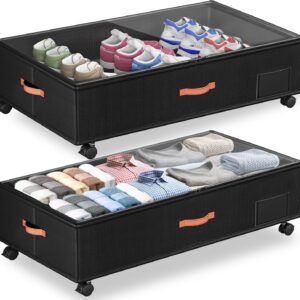 Under Bed Storage with Wheels,2-Pack Under Bed Storage Containers with Clear Lids,XXL 66L Large Under the Bed Storage Organizer Bins With Handles,Space Saving Design for Clothes,Shoes,Books-Black