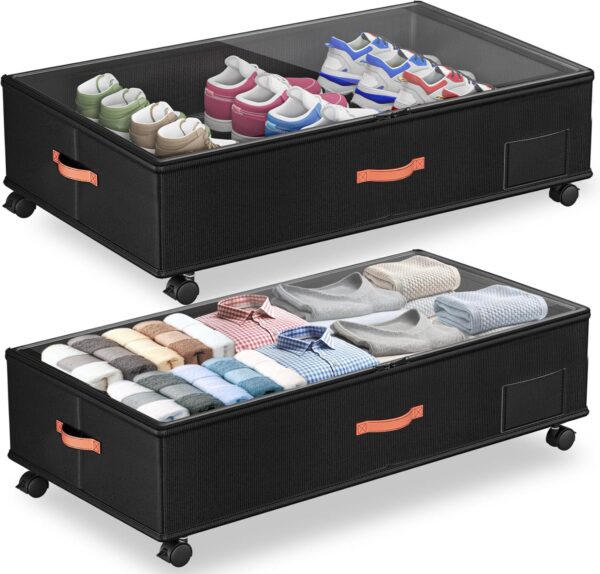Under Bed Storage with Wheels,2-Pack Under Bed Storage Containers with Clear Lids,XXL 66L Large Under the Bed Storage Organizer Bins With Handles,Space Saving Design for Clothes,Shoes,Books-Black