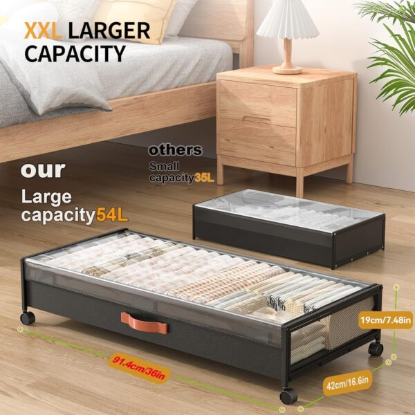 Under Bed Storage with Wheels, XXXL Larger Under Bed Storage Containers with Clear Lids, 36'' Lengthen Under Bed Shoe Organizer, Rolling for Shoes Clothes(Black 2 Pack, XXXL(36"x16.6"x7.48")) - Image 2