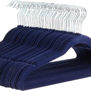 Slim, Velvet, Non-Slip Suit Clothes Hangers, Navy Blue/Silver - Pack of 50