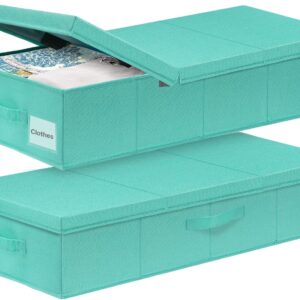 Under Bed Storage With Lids, 2 Pack Large Underbed Storage Containers Clothes W/ 3 Handles, Foldable Low Profile Stackable Drawer Organizer Bins Box for Blanket Shoe,Tiffany Blue