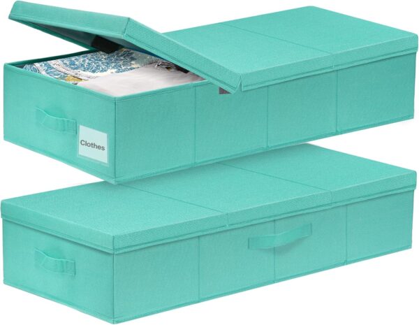 Under Bed Storage With Lids, 2 Pack Large Underbed Storage Containers Clothes W/ 3 Handles, Foldable Low Profile Stackable Drawer Organizer Bins Box for Blanket Shoe,Tiffany Blue