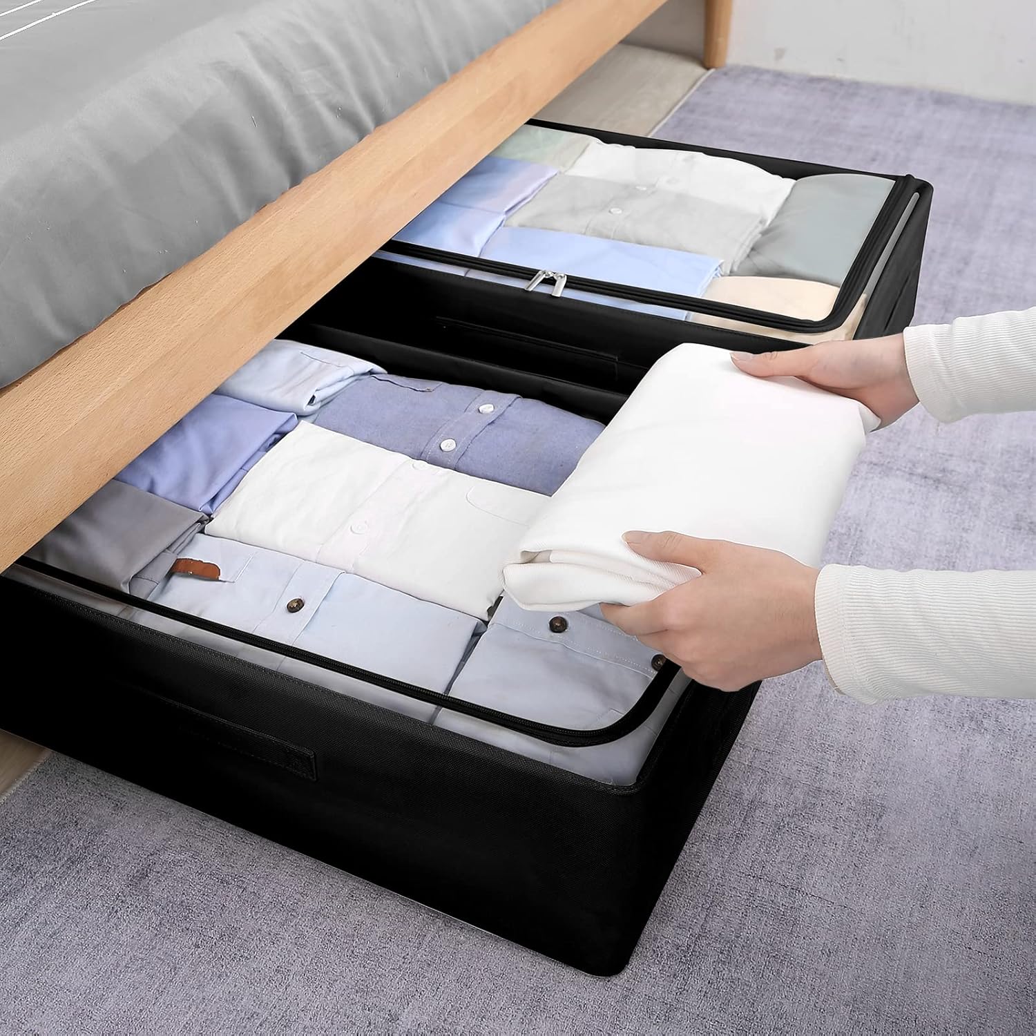 Under Bed Storage Bins Frame Storage Box Oxford Fabric Sturdy Underbed Container Foldable Stackable Large Capacity Clothes Organizer - Image 2