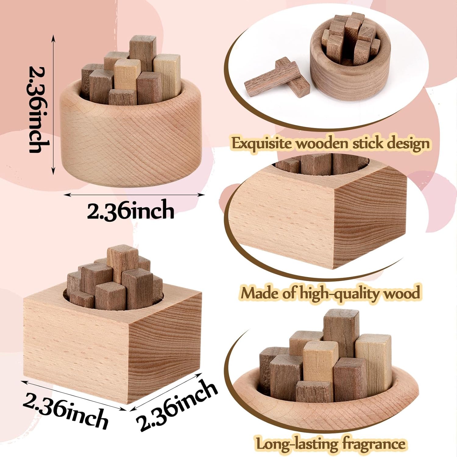 4 Pcs Wood Diffuser for Essential Oils Wooden Car Essential Oil Diffuser Wooden Aromatherapy Round Car Oil and Square Home Office Bedroom Decoration - Image 2