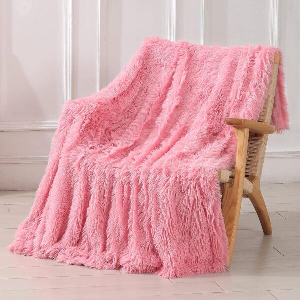 Decorative Extra Soft Faux Fur Throw Blanket 50"x60",Solid Reversible Fuzzy Double Layers Long Hair Shaggy Blanket,Fluffy Cozy Plush Fleece Comfy Microfiber Blanket for Couch Sofa Bed,Pink