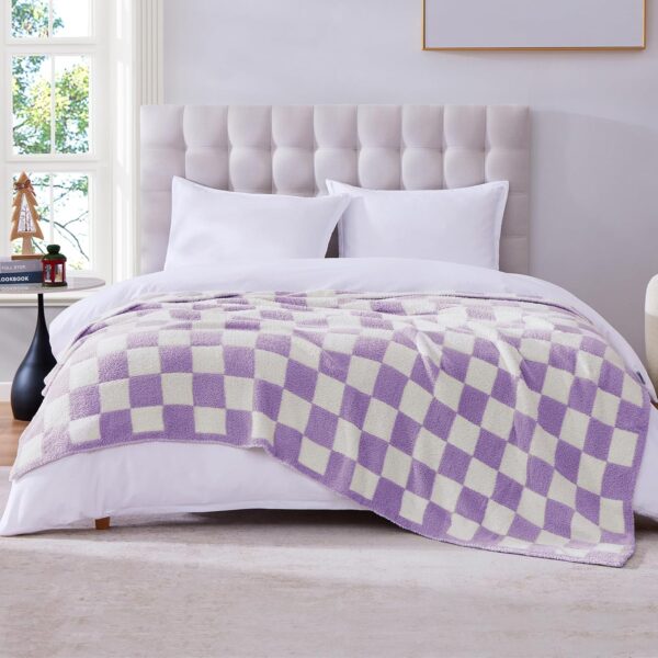 Checkered Throw Blanket, Purple Microfiber Soft Cozy Fluffy Warm Hand Made Throw Blankets for Couch, Sofa, Chair, Bed, Camping, Picnic, Travel Lightweight Bed Blanket - 50"*70" - Image 2