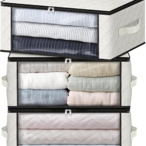 3-Pack Clothes Organizer Storage Bags Foldable Storage Box with Large Clear Window Sturdy Handles for Closet, Dorm, Pillows, Bedding, Clothes, Blankets, 35L, Ivory