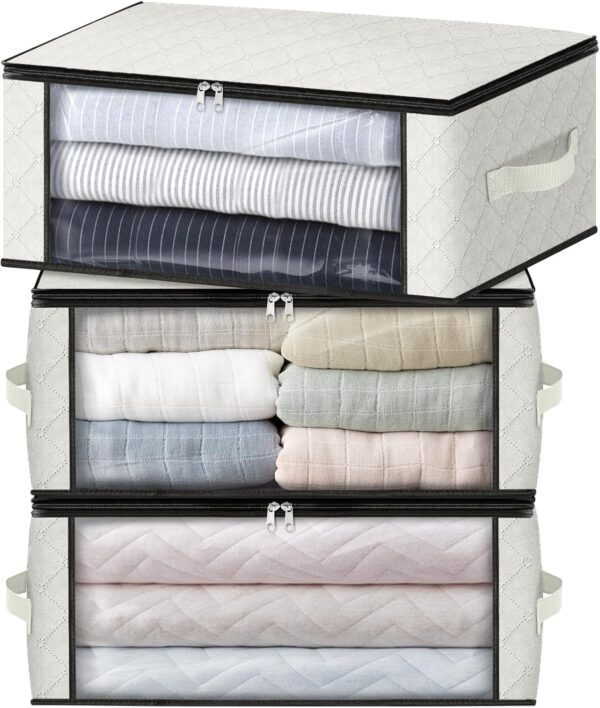 3-Pack Clothes Organizer Storage Bags Foldable Storage Box with Large Clear Window Sturdy Handles for Closet, Dorm, Pillows, Bedding, Clothes, Blankets, 35L, Ivory