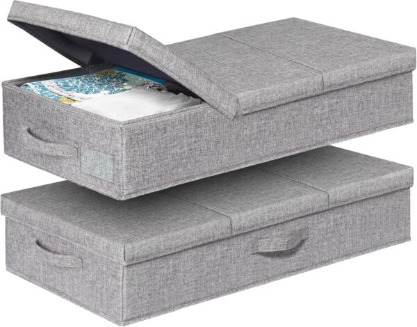 Under Bed Storage With Lids, 2 Pack Large Underbed Storage Containers Clothes W/ 3 Handles, Foldable Low Profile Stackable Drawer Organizer Bins Box for Blanket Shoe Bedroom, 31.1*15.7*6inch