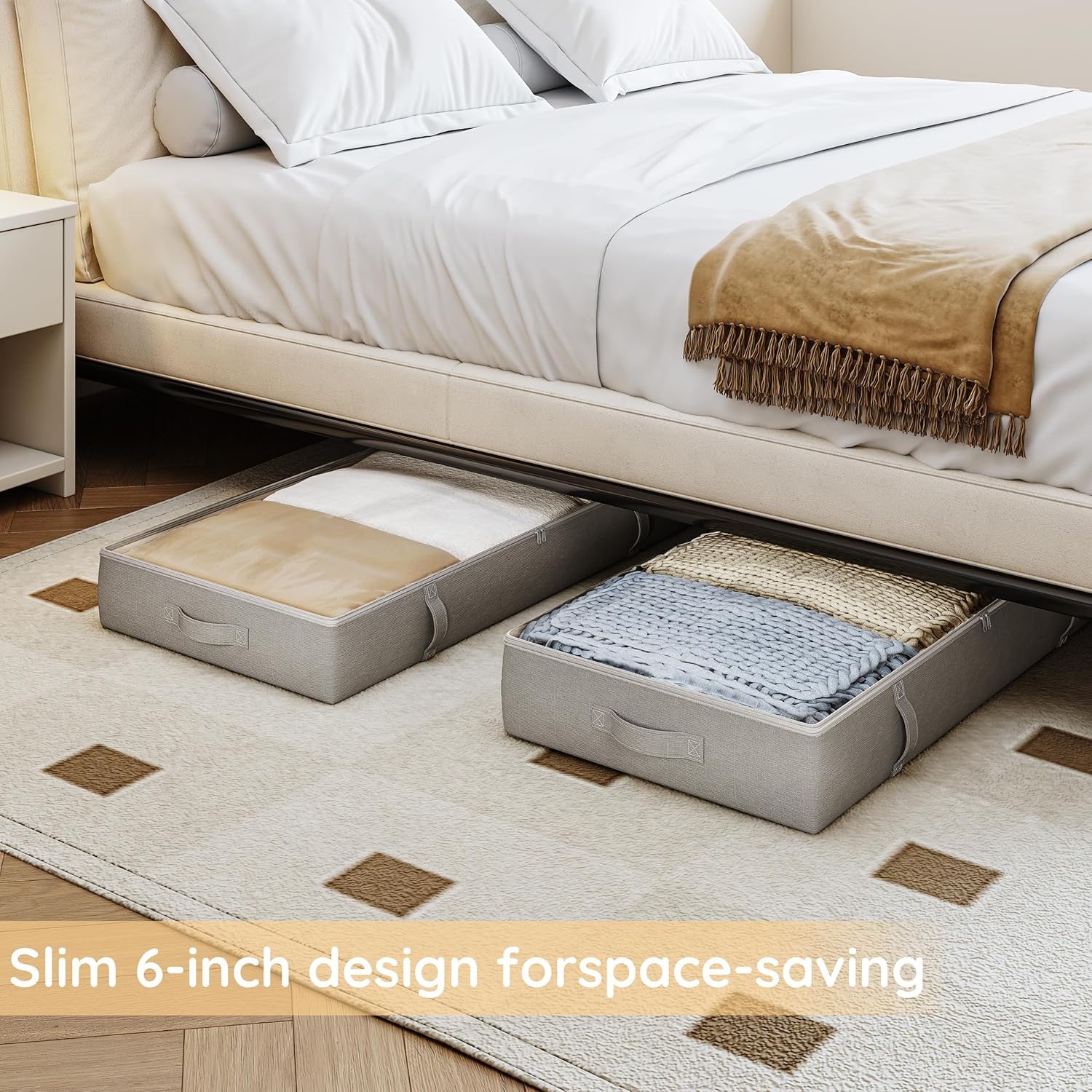 Under Bed Storage Containers, Underbed Storage Bins, 6 Inches Tall Clothes Storage Box with Sturdy Handles and Sidewalls, Foldable, Gray, 2-Pack - Image 2