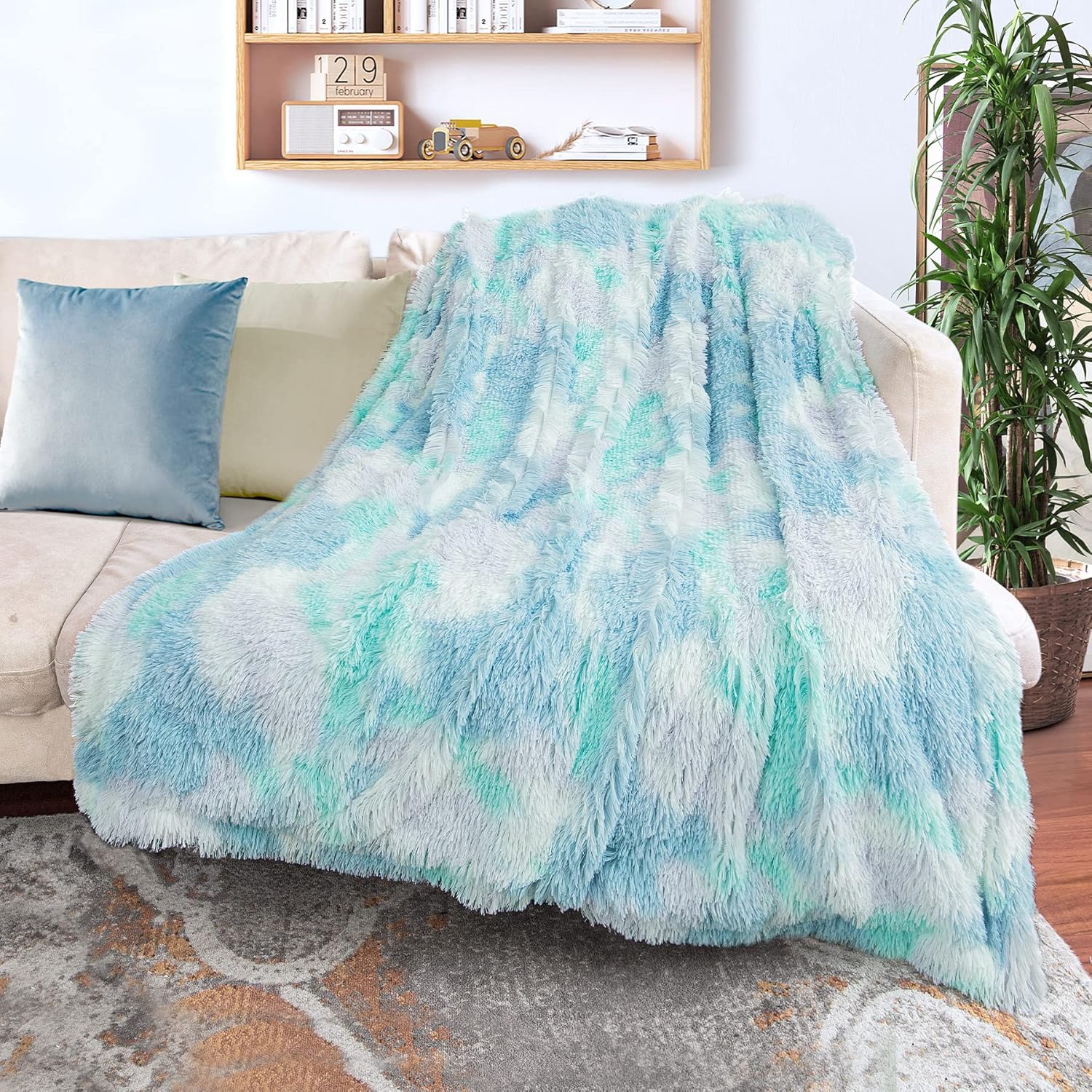 Decorative Extra Soft Faux Fur Throw Blanket,Solid Reversible Fuzzy Lightweight Long Hair Shaggy Blanket,Fluffy Cozy Plush Fleece Comfy Microfiber Fur Blanket for Couch Sofa Bed,Tie Dye Blue - Image 2